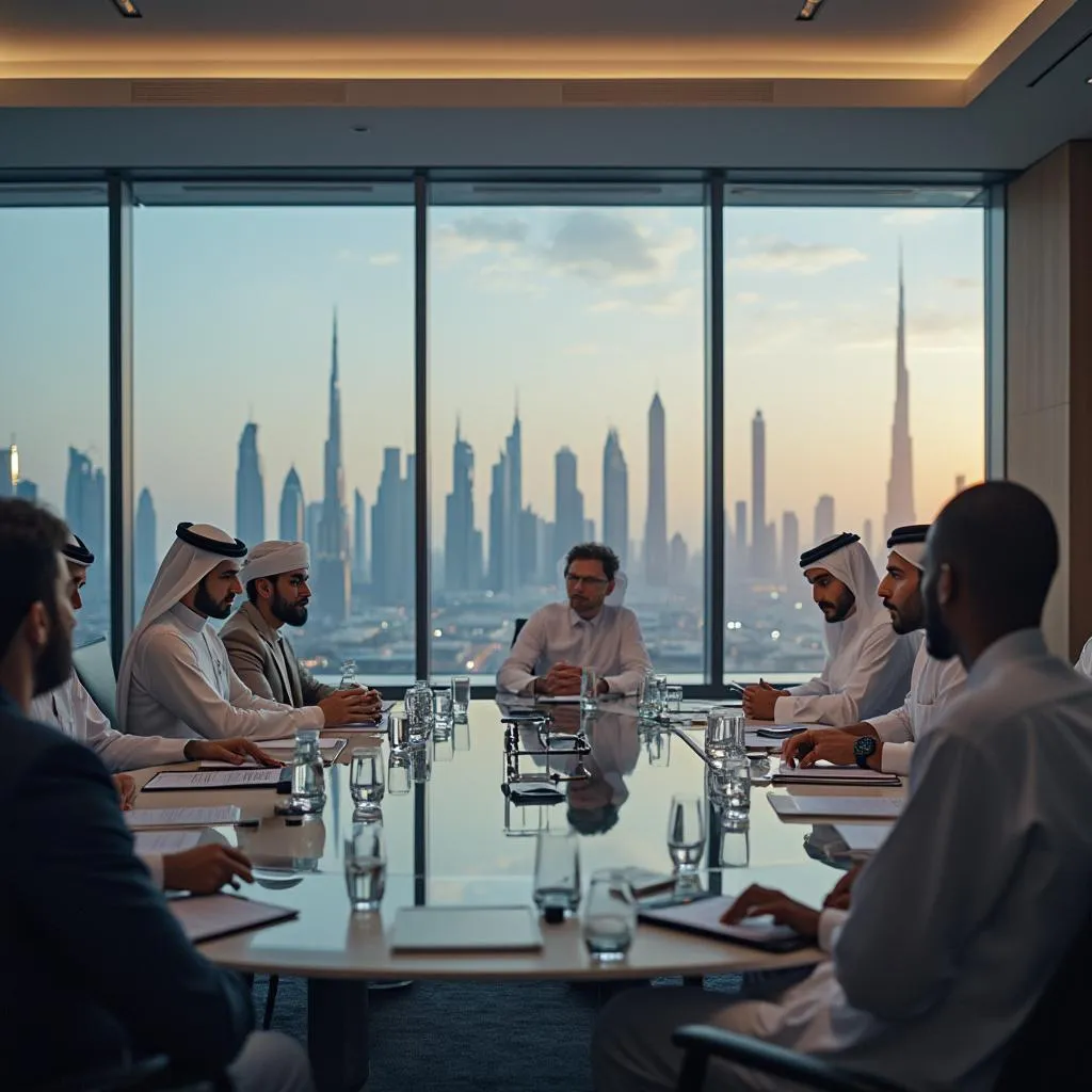 صورة فريق العمل مع خلفية أفق دبي